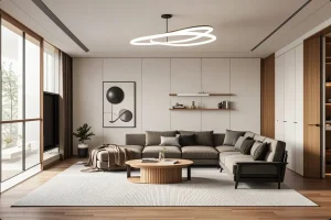 Modern living room renovation in Sydney by MGB Joinery and Building, featuring custom shelving, a sectional sofa, and contemporary lighting.