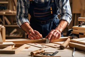 A joiner working on wooden frames in a construction site