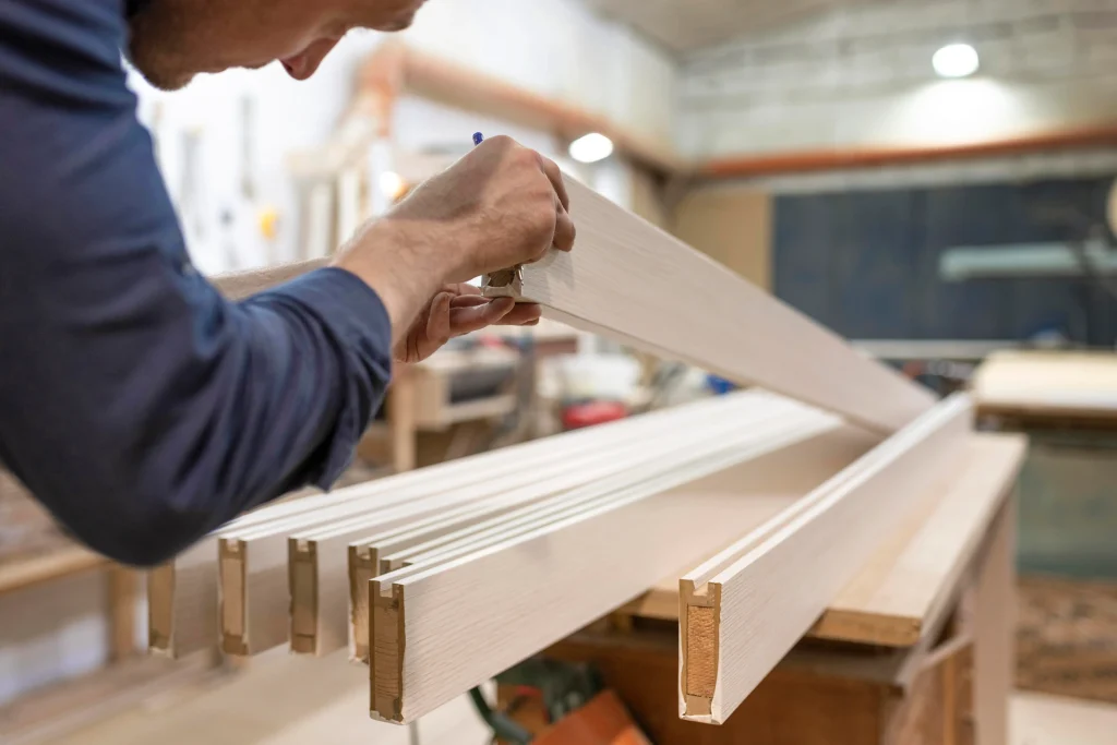 Craftsman aligning wooden panel for commercial joinery, showcasing precision in woodworking