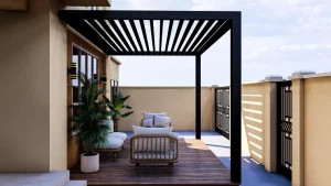 Modern rooftop pergola with a sleek black frame and slatted roof, providing shade over a cozy outdoor seating area featuring neutral-toned furniture and lush potted plants, offering a stylish retreat.