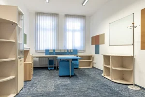 Bright and modern office space with custom joinery, featuring blue and beige furniture tailored for functionality and style. The room includes a spacious desk with integrated storage, open shelving units, and a glass cabinet, all designed to maximize organization. Large windows with blinds allow natural light, creating an inviting work environment ideal for productivity in educational or professional settings.