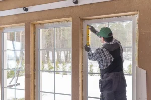 A construction worker using a level to install a large window frame in a house under construction. The scene shows a wintery outdoor landscape through the windows, emphasizing the importance of precise installation and insulation in colder climates.