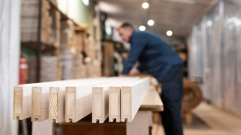 Close-up of precision-cut wooden planks in a workshop, with a carpenter working in the background. Perfect for showcasing craftsmanship, woodworking techniques, and custom joinery solutions.