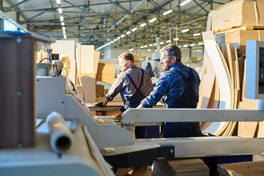 Two professional carpenters using industrial woodworking machines in a large, well-lit workshop with stacked wood materials. Perfect for showcasing craftsmanship, furniture production, and custom joinery services