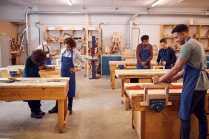 Group of students learning woodworking techniques in a carpentry workshop, guided by instructors. Ideal for promoting woodworking courses, apprenticeship programs, and hands-on skill development opportunities.