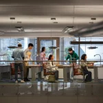 A modern coworking space featuring a group of individuals engaged in various activities. The space includes long desks with built-in lamps and comfortable chairs, set against large windows that let in ample natural light. The environment is open and collaborative, with people working on laptops, reviewing documents, and interacting. The interior design emphasizes functionality and style, creating an inviting atmosphere for productivity and teamwork.